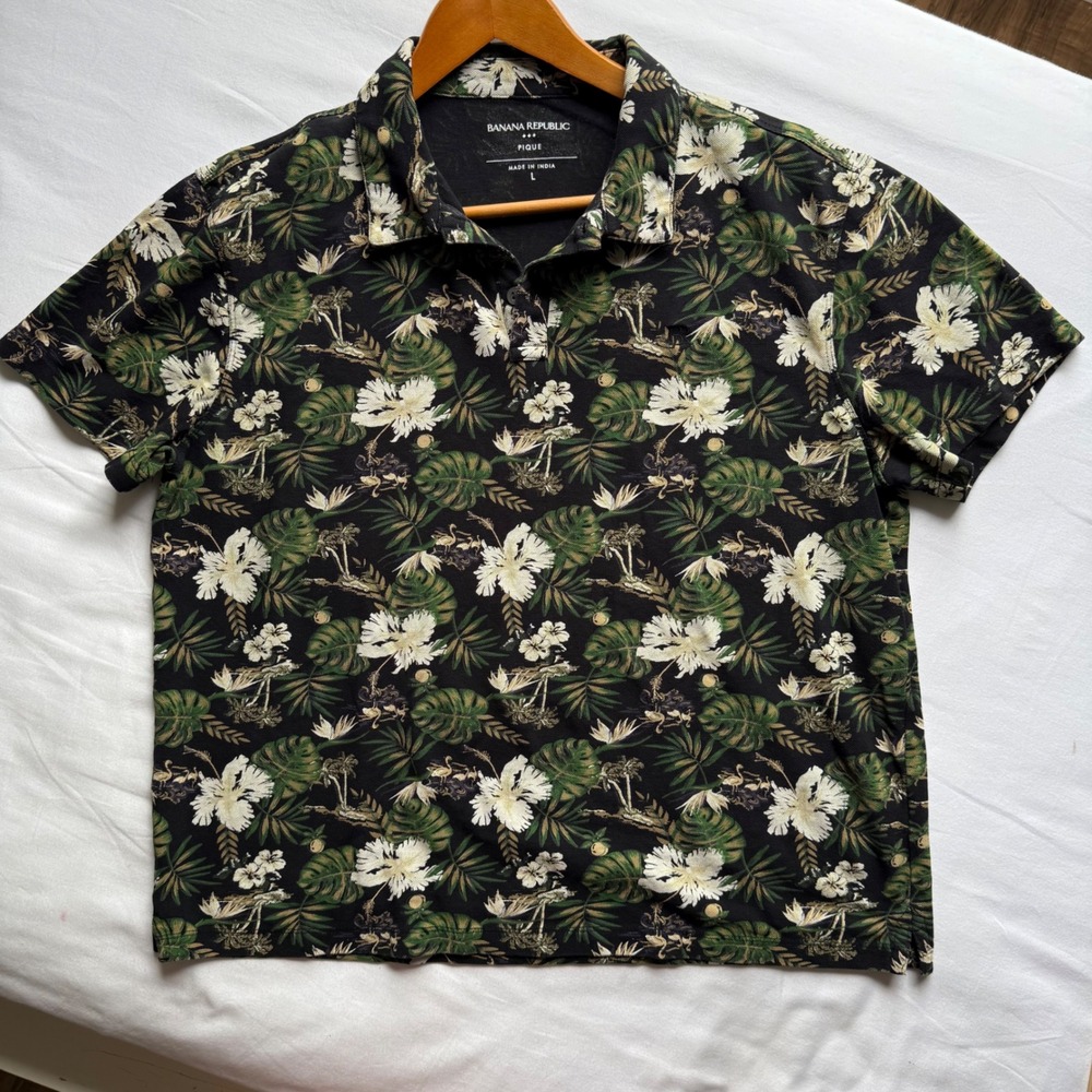 Banana Republic Mens Pique Polo Shirt L Black Tropical Floral Hibiscus Cotton